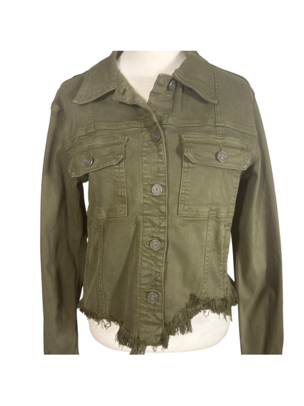 Size M Hidden Military Green Distressed Fringe Button Cropped Jean Jacket - Picture 2 of 10